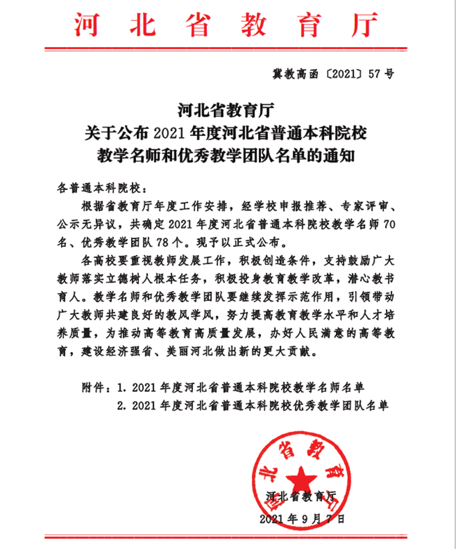 bat365教师安存红及国际经济与贸易一流专业教学团队分获河北省“教学名师”、“优秀教学团队”荣誉称号