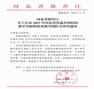 bat365教师薛芳及工程与造价专业教学团队分获河北省“教学名师”、“优秀教学团队”荣誉称号