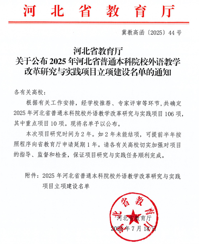 bat365英语教改项目获河北省高等学校外语教学改革研究与实践项目立项